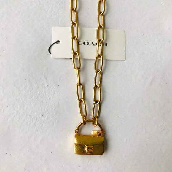 COACH MINI TABBY HANDBAG CHARM Matte Gold Tone Brass Pendant Chain Necklace NWT - Picture 1 of 10
